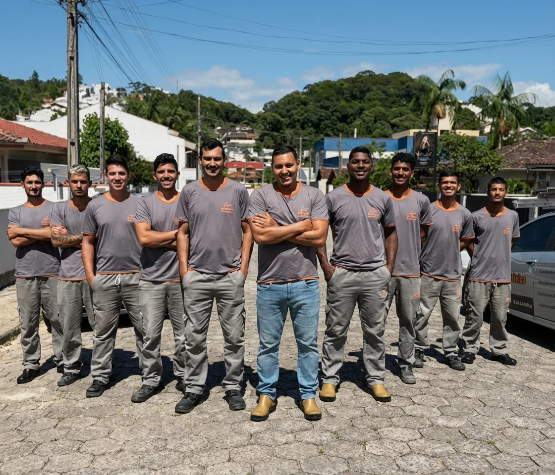 Equipe profissional da DM Elétrica e Hidráulica uniformizada em Brusque, SC. Especialistas em serviços elétricos e hidráulicos residenciais e comerciais.