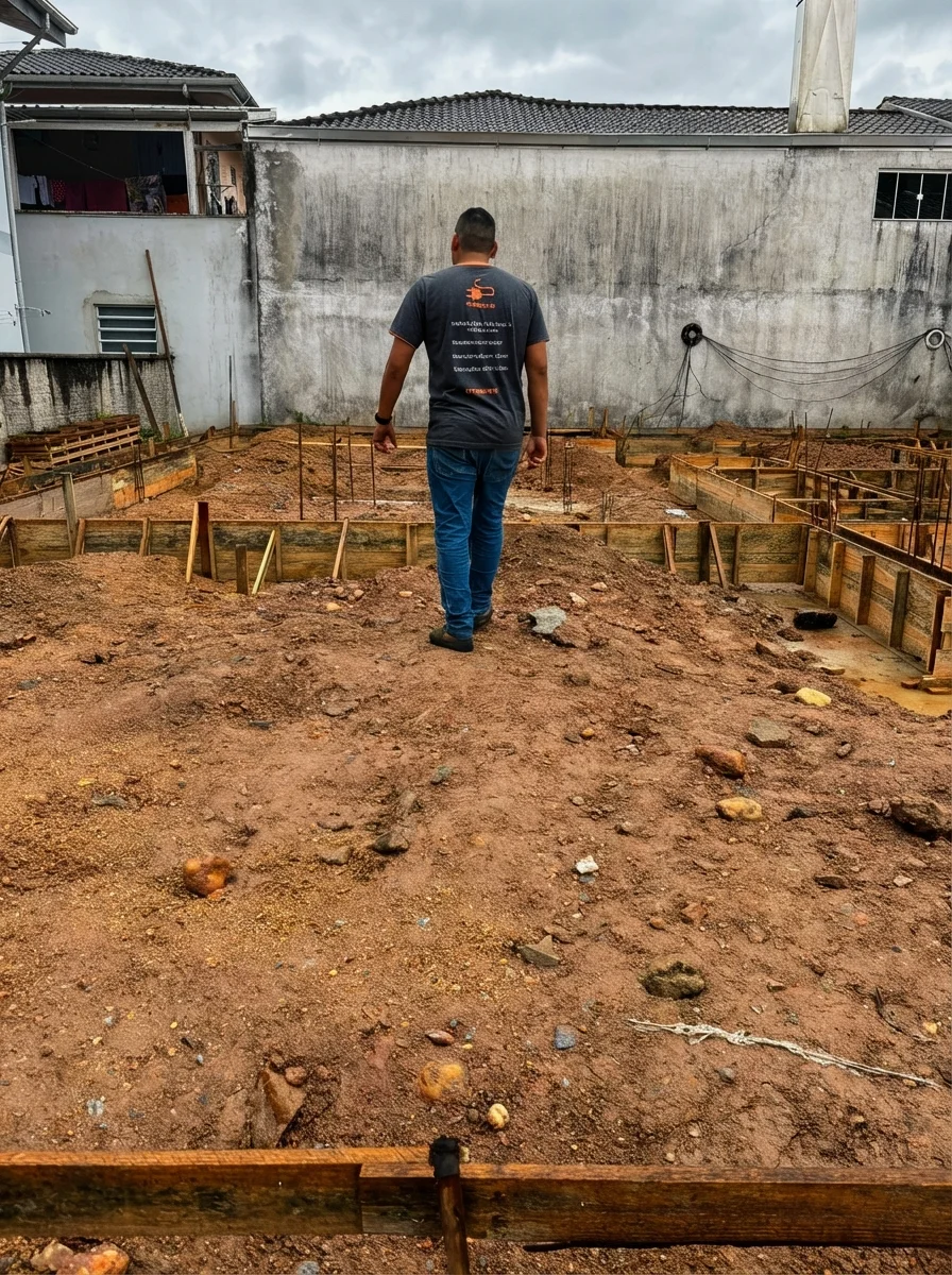 Profissional da DM Elétrica e Hidráulica inspecionando infraestrutura em canteiro de obras em Brusque, SC. Instalações elétricas e hidráulicas desde a base.