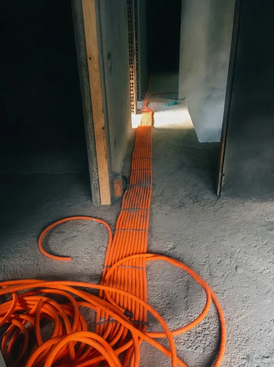 Infraestrutura de elétrica em obra residencial em Brusque com instalação de eletrodutos corrugados. Serviço profissional realizado pela DM Elétrica e Hidráulica.