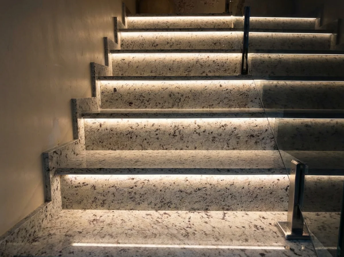 Instalação profissional de fita LED em escada de mármore realizada pela DM Elétrica e Hidráulica em Brusque. Iluminação moderna, elegante e segura para sua casa.