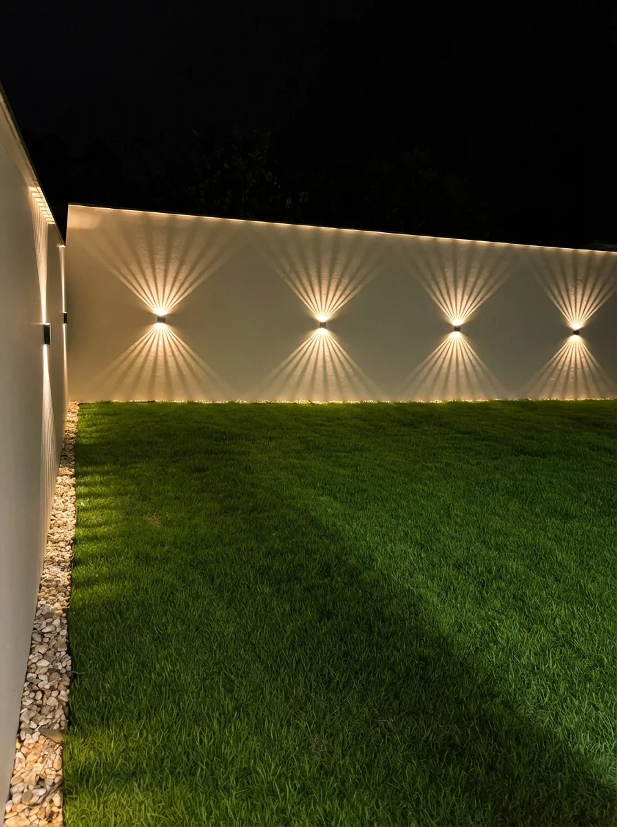 Instalação de arandelas de LED em parede externa criando efeito decorativo em leque. Serviço de iluminação de jardim em Brusque pela DM Elétrica e Hidráulica.