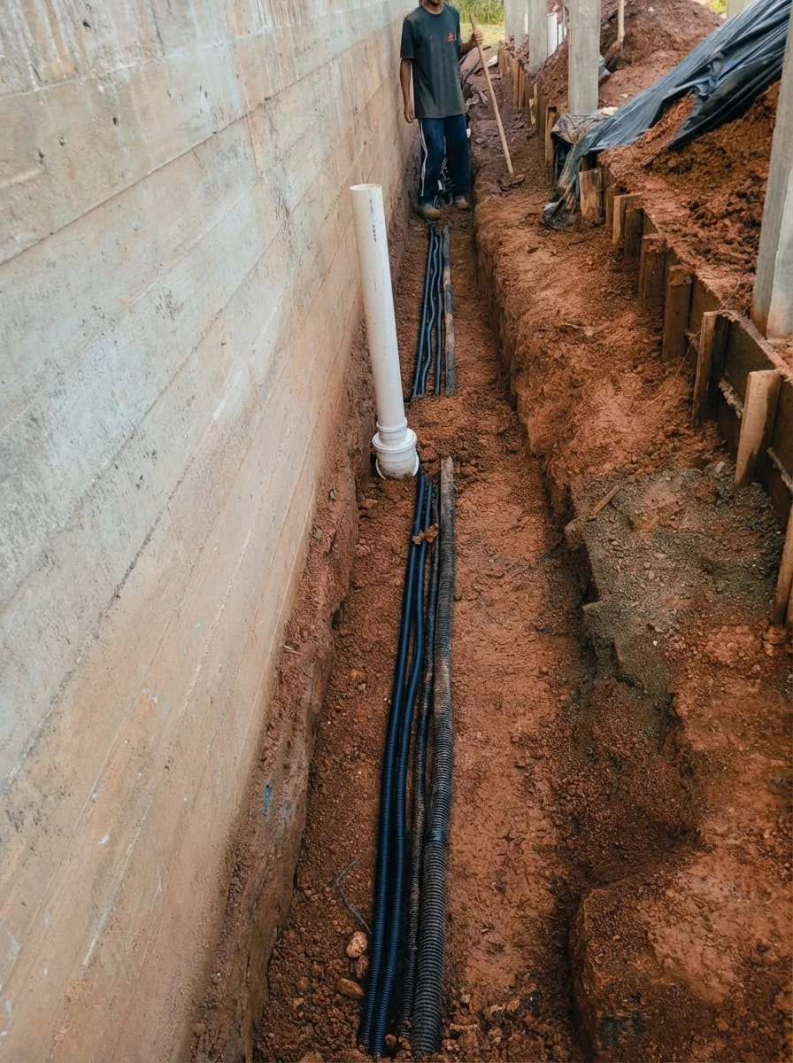 Instalação de conduítes elétricos e tubulação hidráulica subterrânea em obra residencial em Brusque, realizada pela DM Elétrica e Hidráulica.