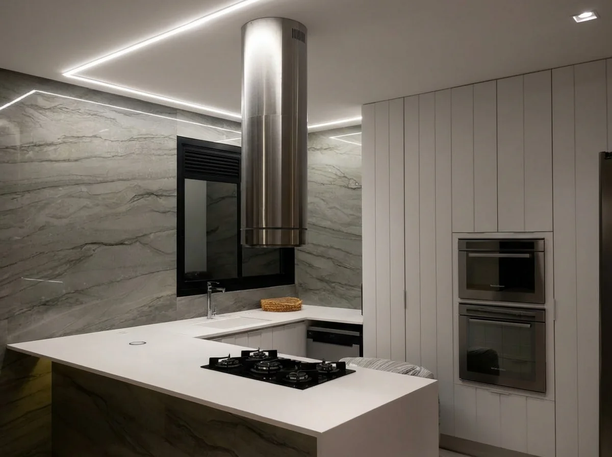 Coifa instalada sobre ilha gourmet em cozinha moderna com iluminação LED, executada pela DM Elétrica e Hidráulica em Brusque.