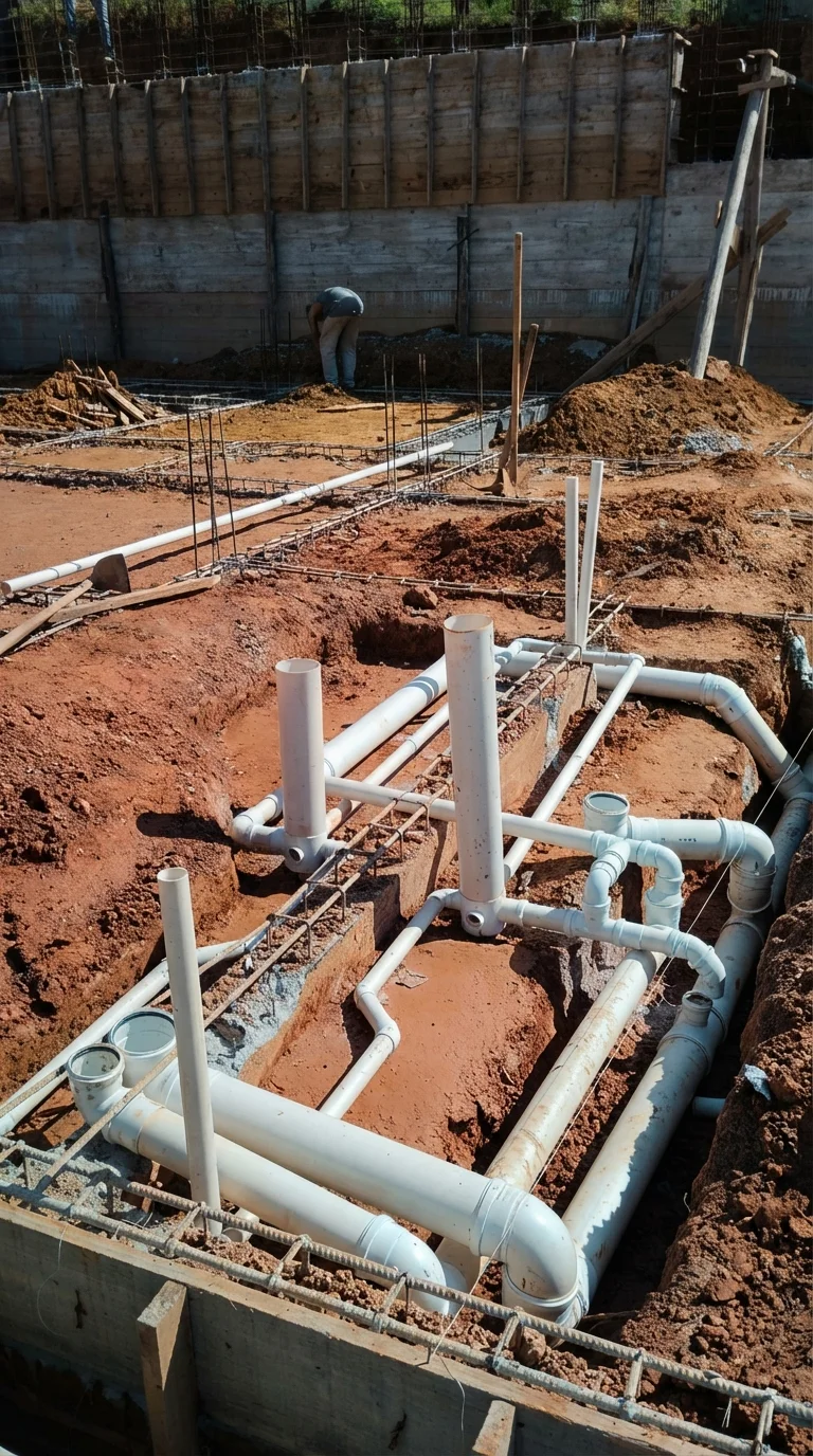 Execução de rede de esgoto e tubulação hidráulica em fundação de obra em Brusque pela DM Elétrica e Hidráulica. Infraestrutura sanitária profissional.