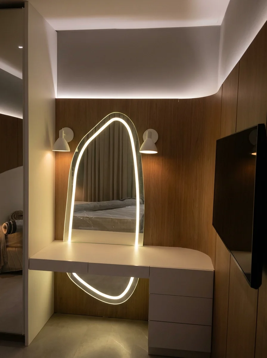 Serviço de instalação elétrica de fita LED em espelho orgânico e arandelas modernas em painel de madeira realizado pela DM Elétrica e Hidráulica em Brusque, SC.