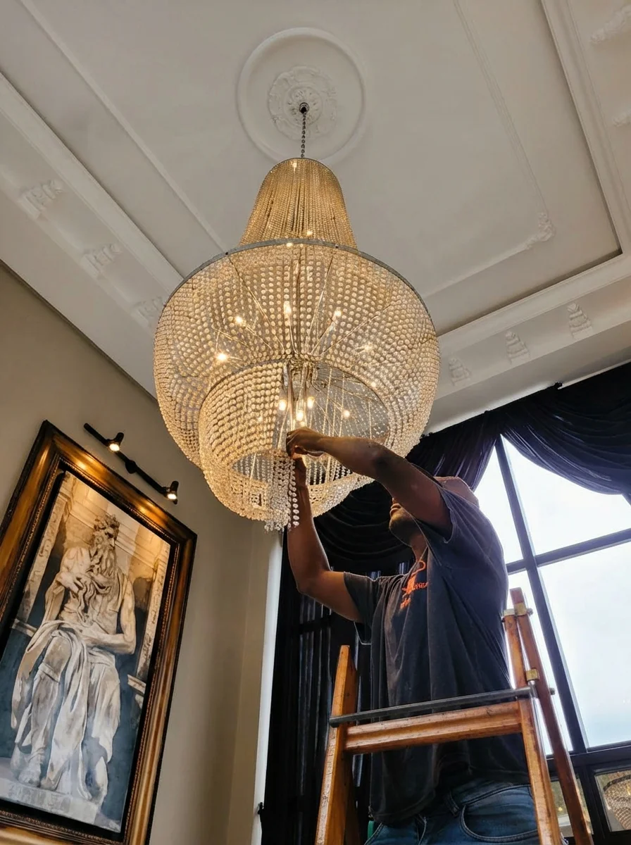 Profissional da DM Elétrica e Hidráulica realizando a instalação técnica de um grande lustre de cristal em residência de luxo em Brusque, SC.