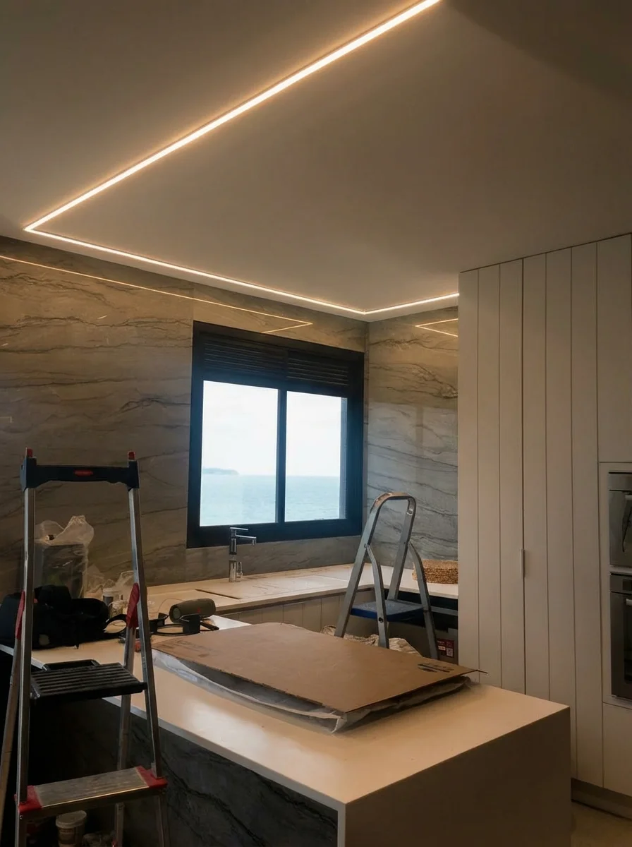 Serviço de instalação de perfil de LED embutido em gesso para cozinha moderna realizado pela DM Elétrica e Hidráulica em Brusque, SC.
